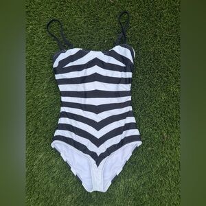 Unique Vintage Black and White Striped One-Piece Swimsuit size S